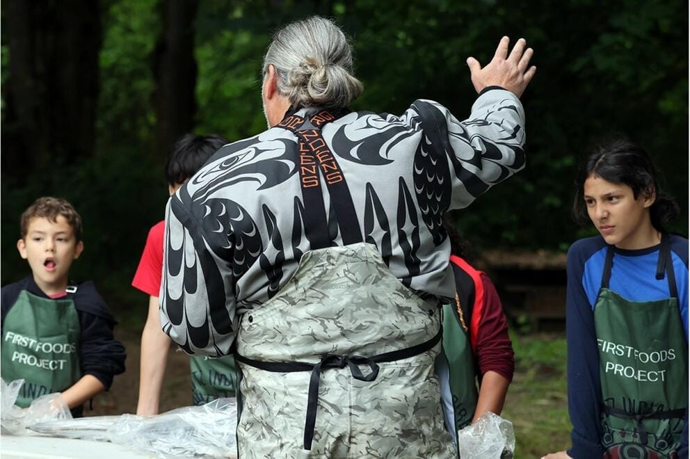 An older person, back turned to the camera, speaks to younger people.