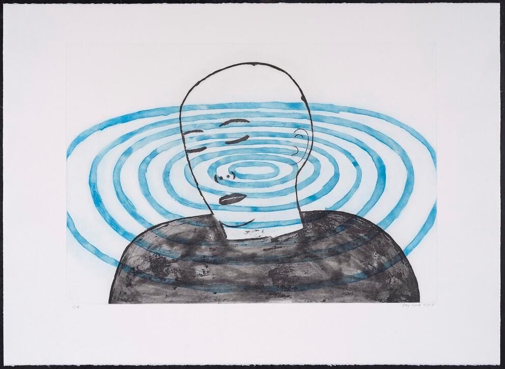 painting of a bald person with eyes closed and blue ripples waving out from their face