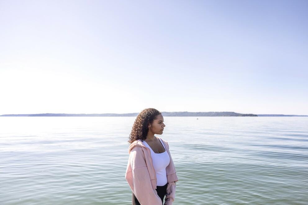 Hannah Power looks out over Puget Sound by her home in Federal Way