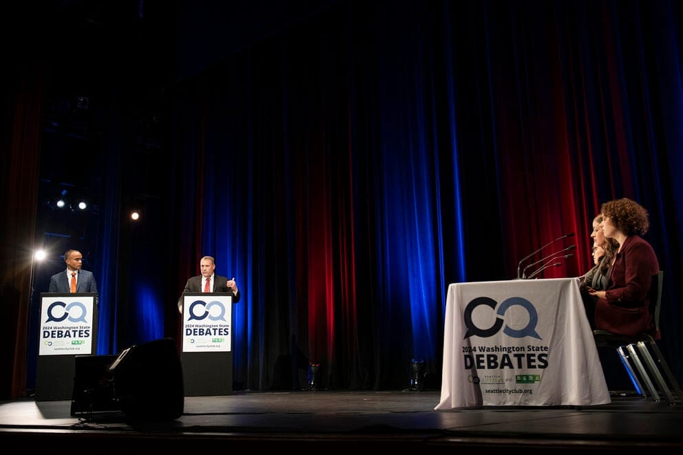 Brown and Serrano on the debate stage