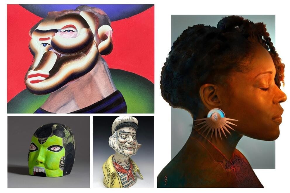 collage of several different artworks depicting human heads, realistic and abstract