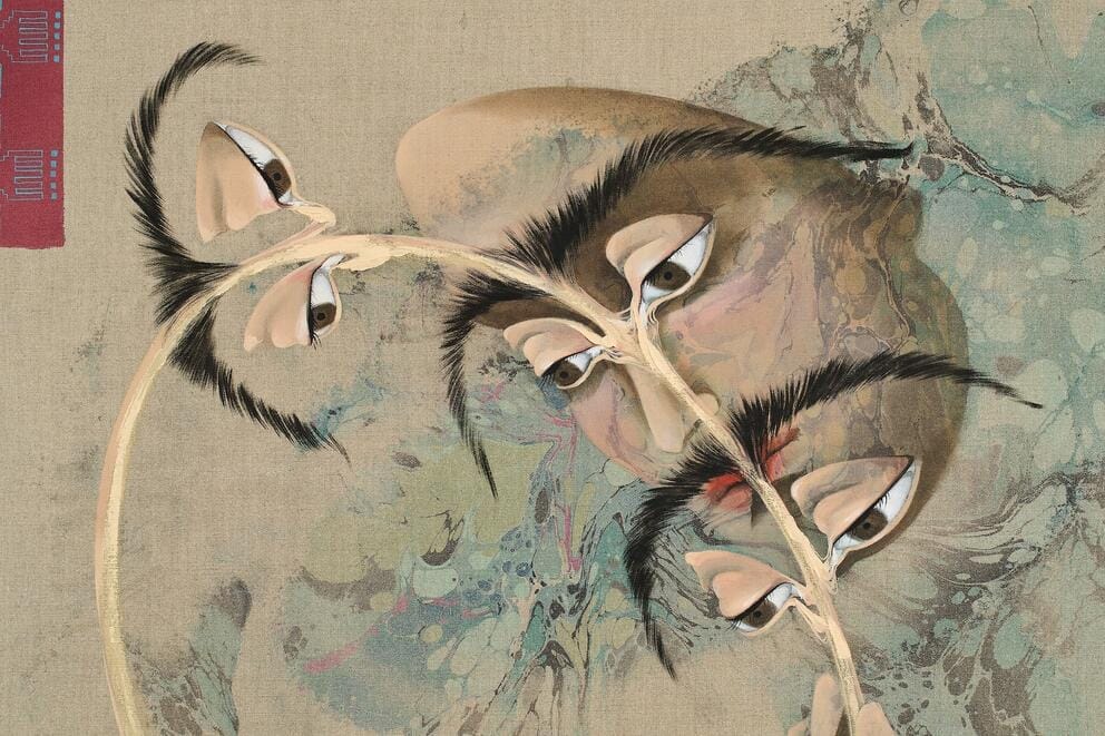 surreal painting of a plant stem that has sprouted eyes and long eyebrows