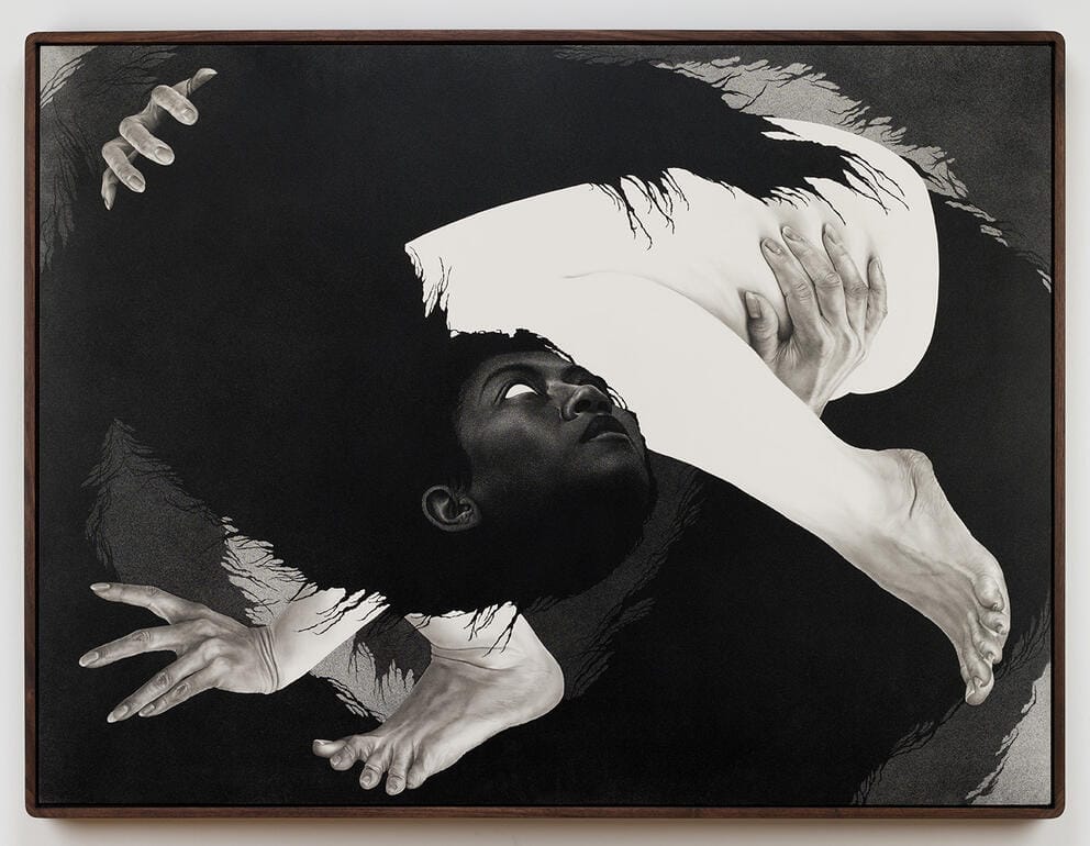 black and white ink drawing of a body or bodies twisted together in an unsettlingly tight ball