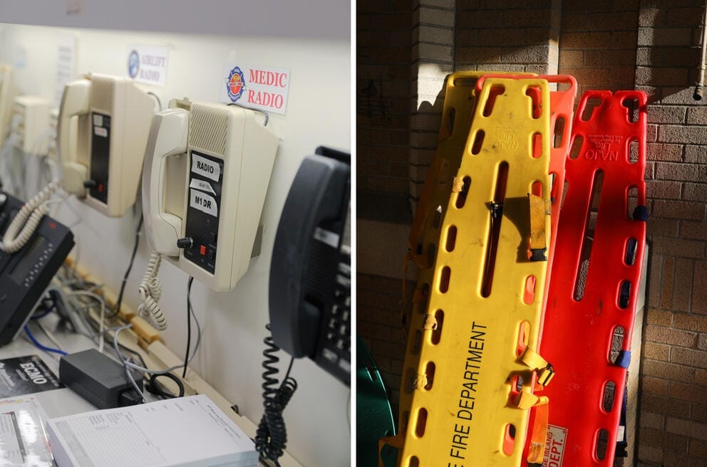 Left: A bank of phones that connect to local emergency medical services. Right: Ambulance backboards are stacked outside the Harborview emergency room