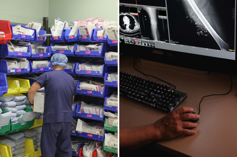 Left: Medical supplies fill a storage room in the OR at Harborview. Right: Emergency radiology section chief Dr. Ken Linnau looks through x-rays of a recent gun shot wound.