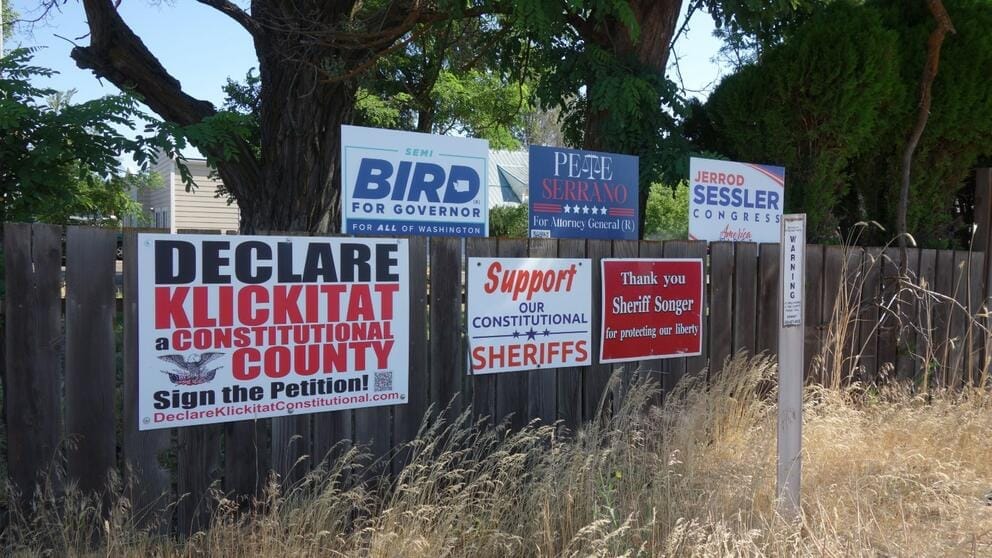 Political signs in support of Klickitat Sheriff Bob Songer and Republican candidates Semi Bird, Pete Serrano and Jerrod Sessler.