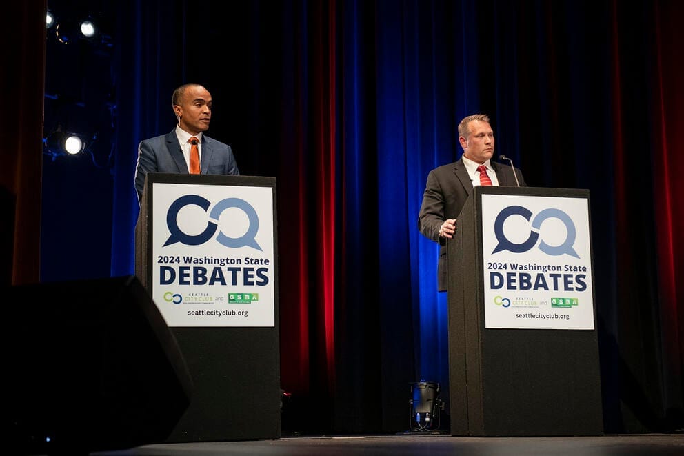 Brown and Serrano on the debate stage
