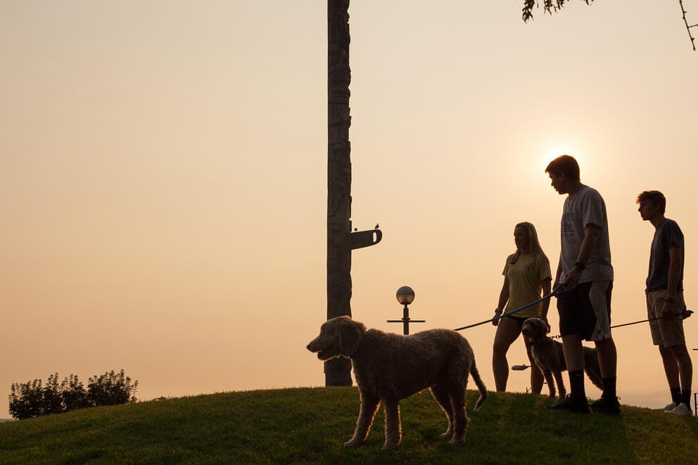 Three people and a dog walk in front of a totem pole at sunset.