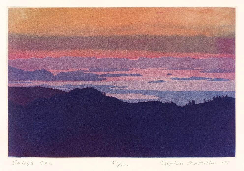 a print of a mountain and sky landscape in sunset hues