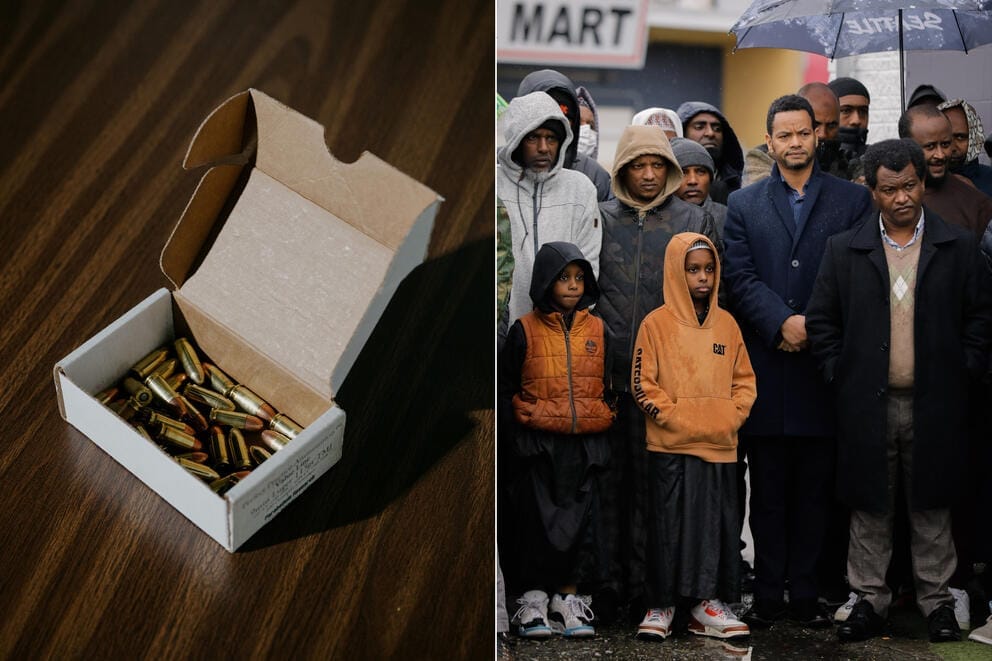 a split image of bullets and a rally against gun violence