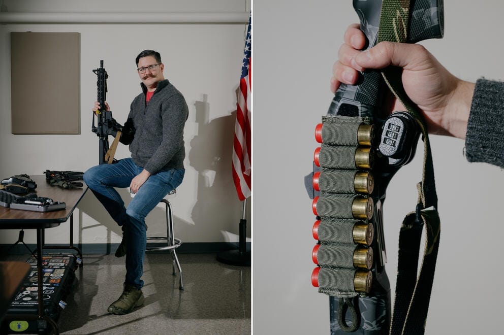 left: a portrait of Brett Bass sitting on a stool holding a locked AR-15. right: a close up of a shotgun with a trigger lock on it.