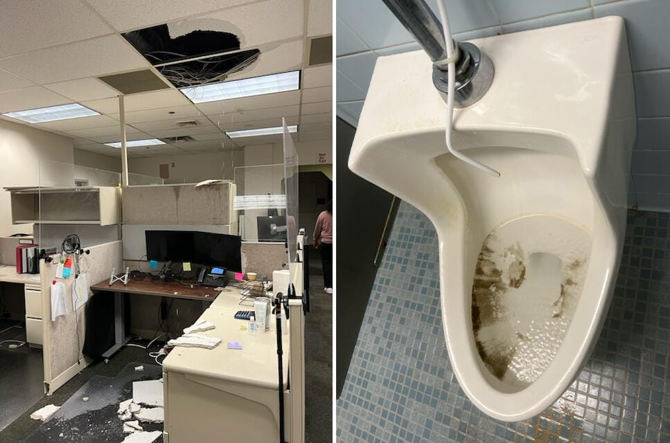 Side-by-side photos show ceiling leak damage and a discolored urinal at the VA clinic