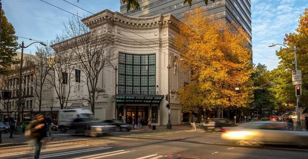 photo of a neoclassical building seen from the street in downtown seattle