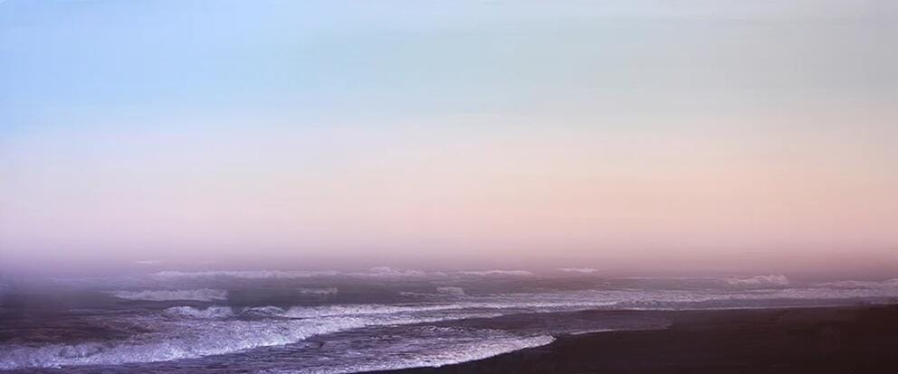 a painting of long flat coast with low waves and misty pink-blue sky