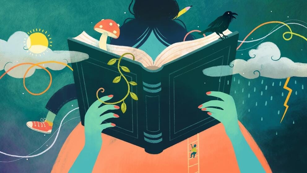 colorful illustration of a person with their head in a book