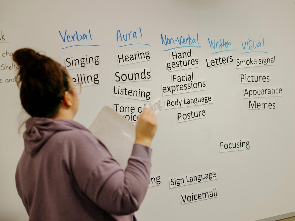 a teacher stands in front of a board covered in text