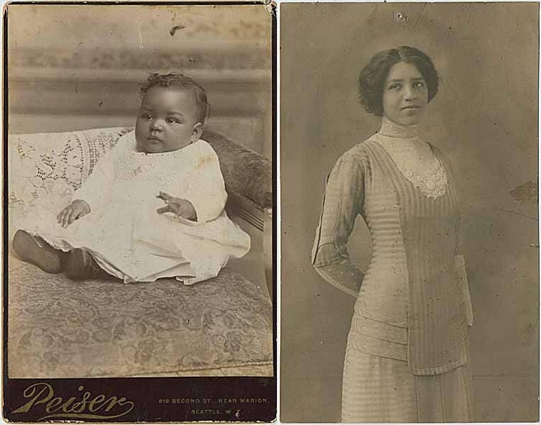 Two black and white portraits of Gertrude Harvey Wright. On the left as a baby and on the right as a young adult woman.