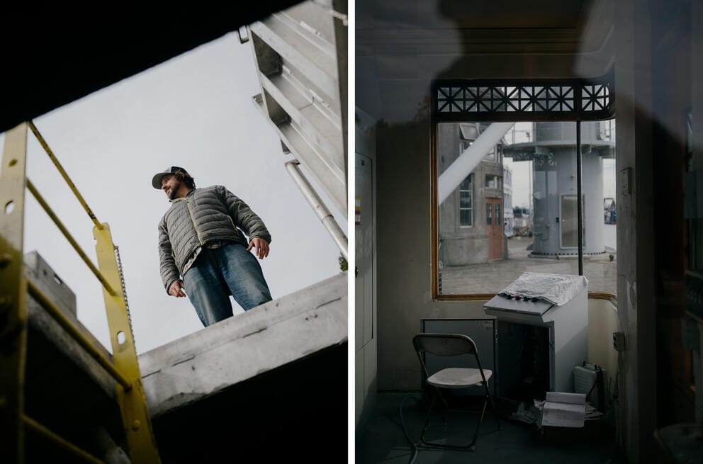 Left: a view from below up through a passageway of David Chapman. Right: a chair in front of a control panel next to a window