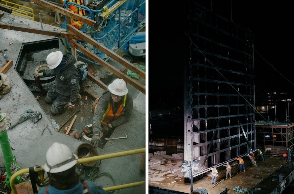 Left: Construction crews prepare the upper hinges for the center lock replacement. Right: Construction crews are dwarfed by a giant metal center gate as they move it into position.