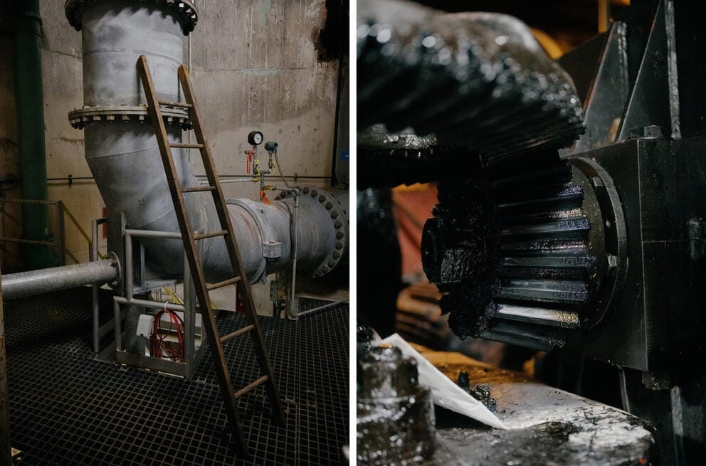 Left: A large underground pipe Right: heavily greased gears
