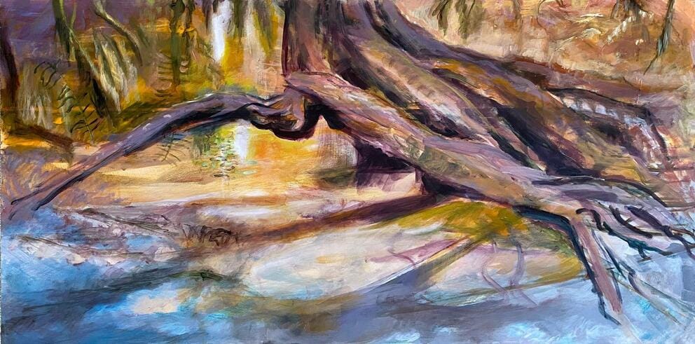 softly hued realistic painting of tree roots reaching into a creek