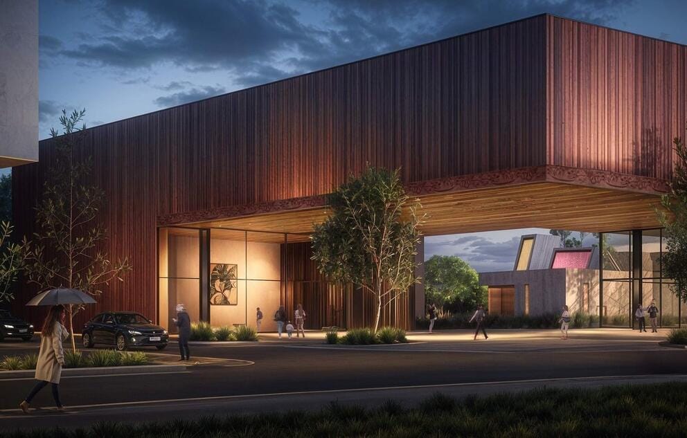 an architectural rendering of a rectangular, modern building with a large overhang
