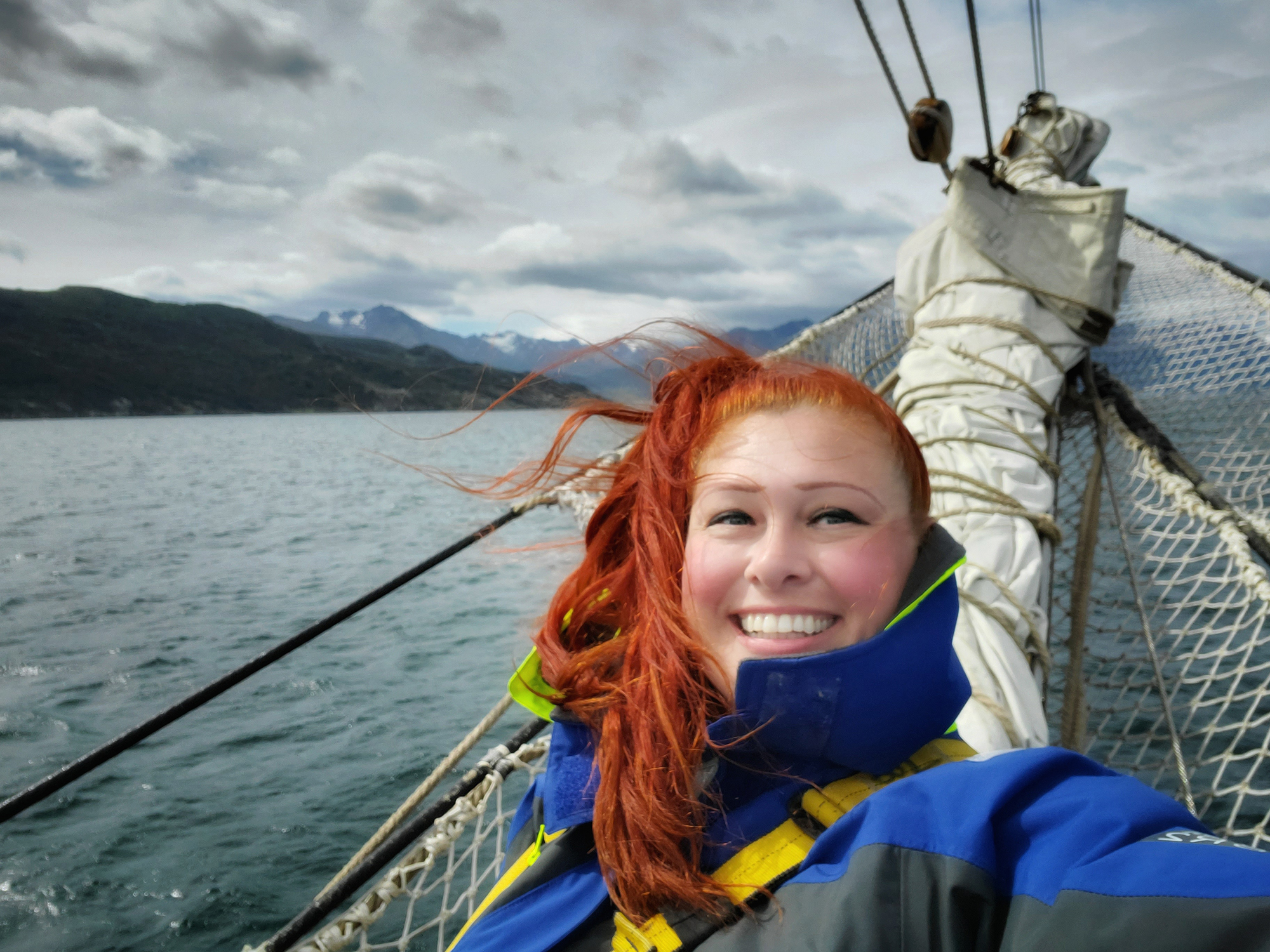 Scientist JJ Hastings takes a selfie on a boat in Antarctica