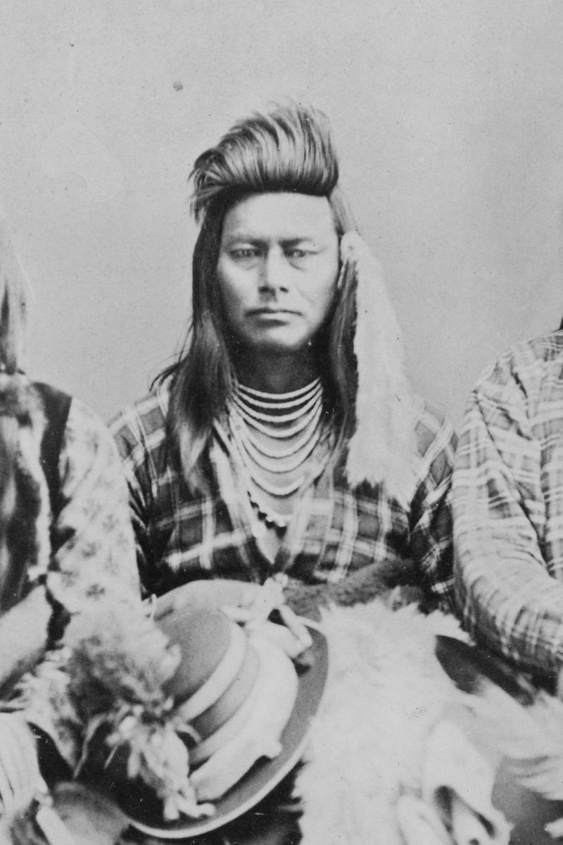 Portrait of Chief Joseph's son, Ollokot, posed in regalia
