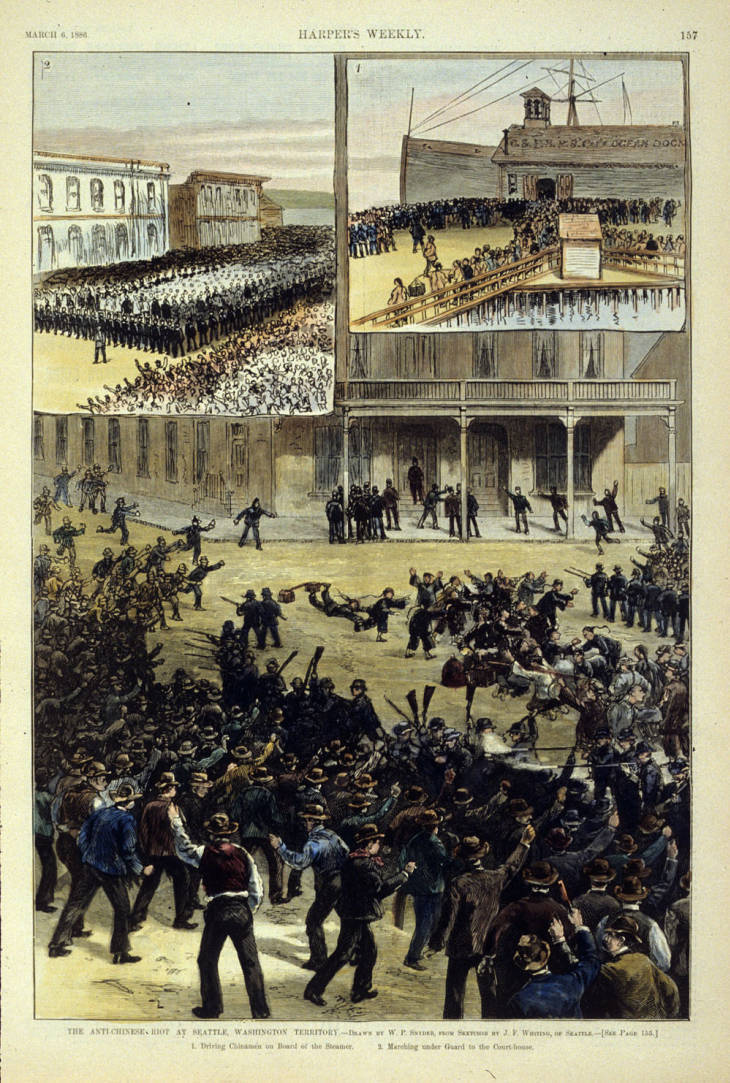 an illustrated image of anti-Chinese mob violence
