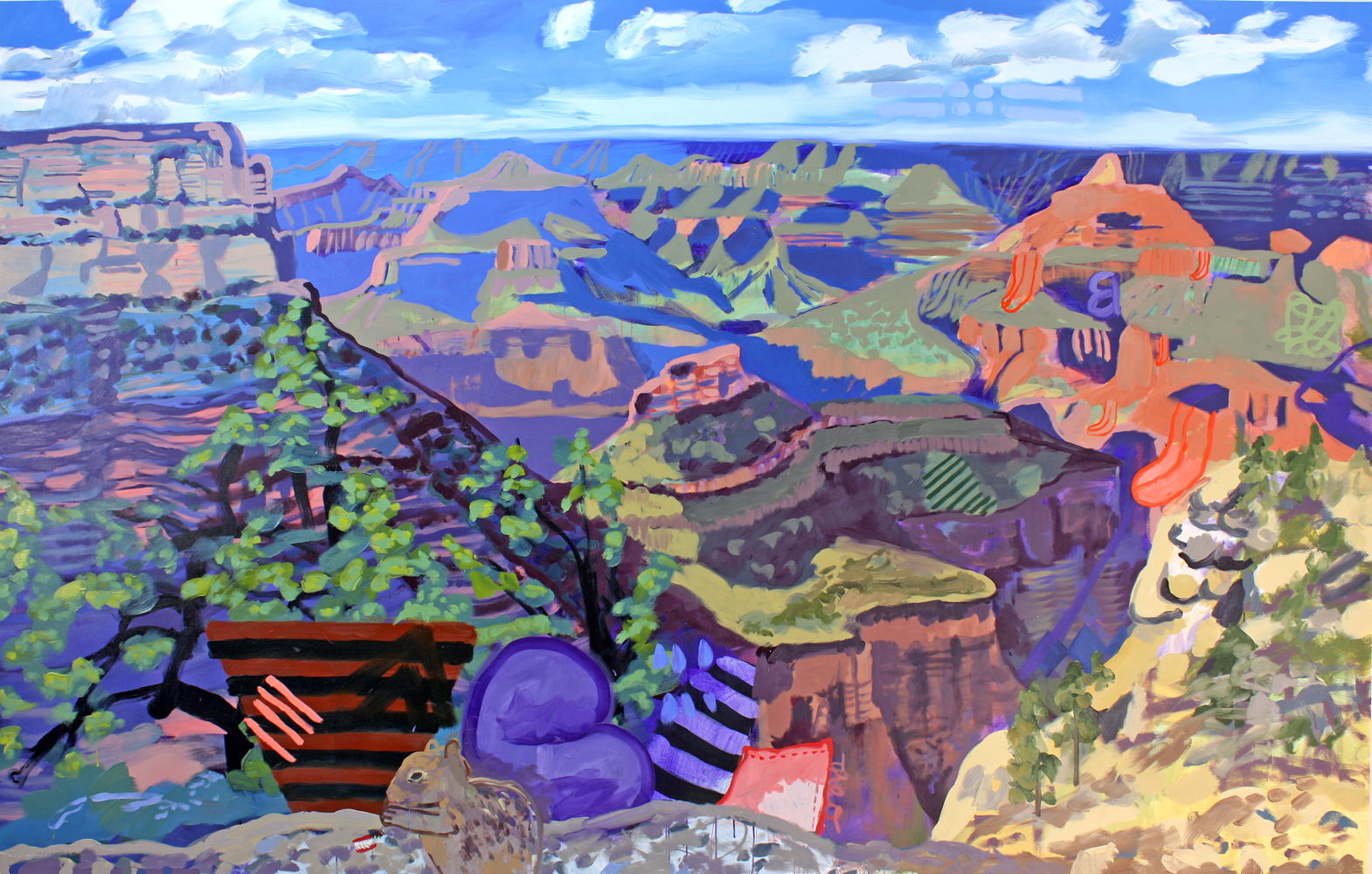 Susanna Bluhm, “Grand Canyon with Theo, Queequeg and Lunchtime Squirrel (Biographical)” (2017) oil and acrylic on canvas