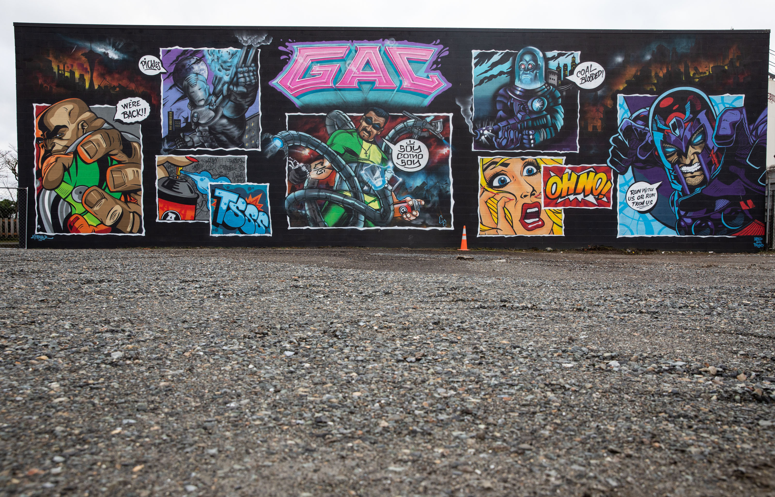 a comic book themed mural
