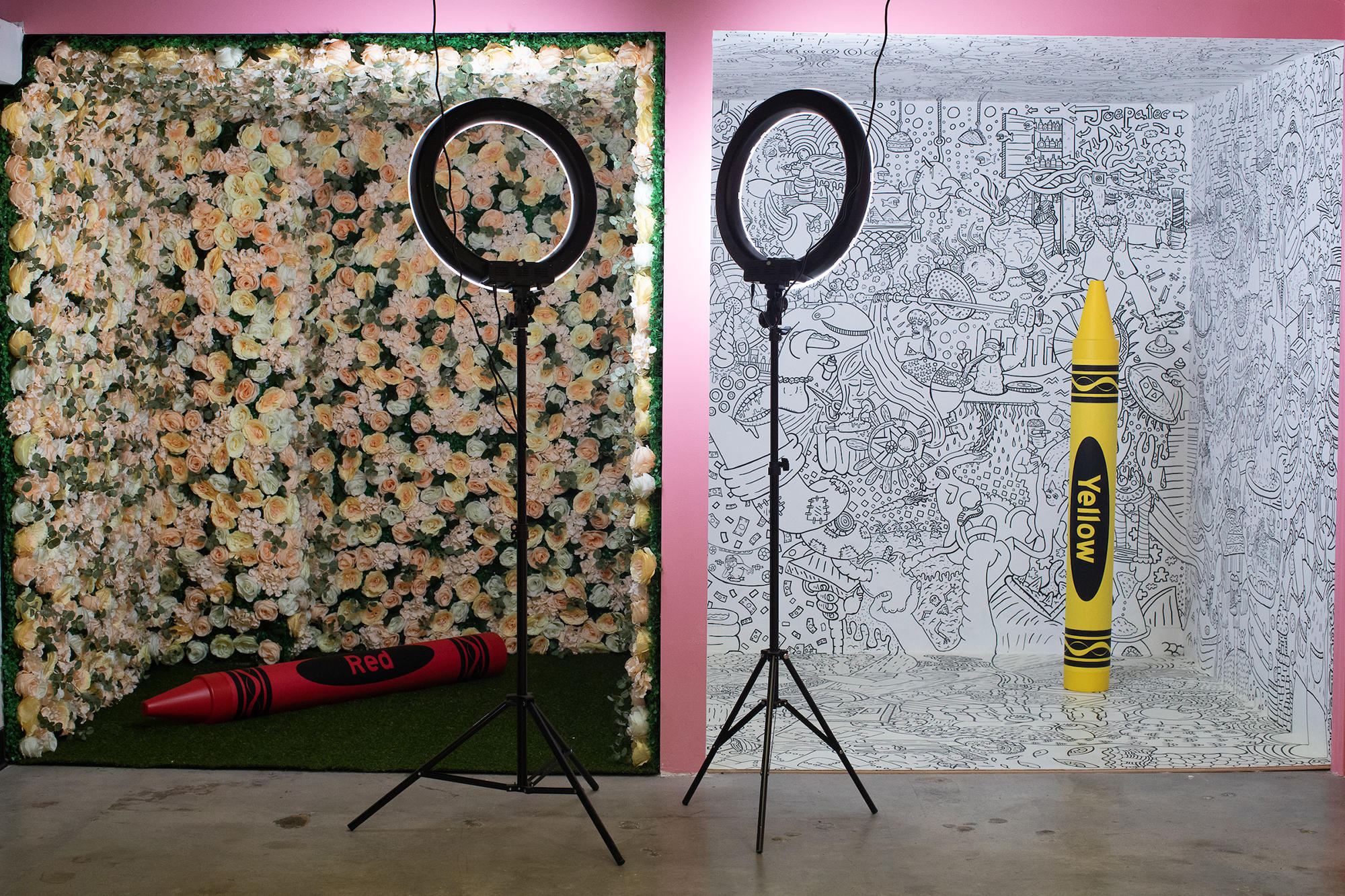 Two empty rooms, one decorated with roses, another with black and white drawings, and two "selfie" ring lamps.