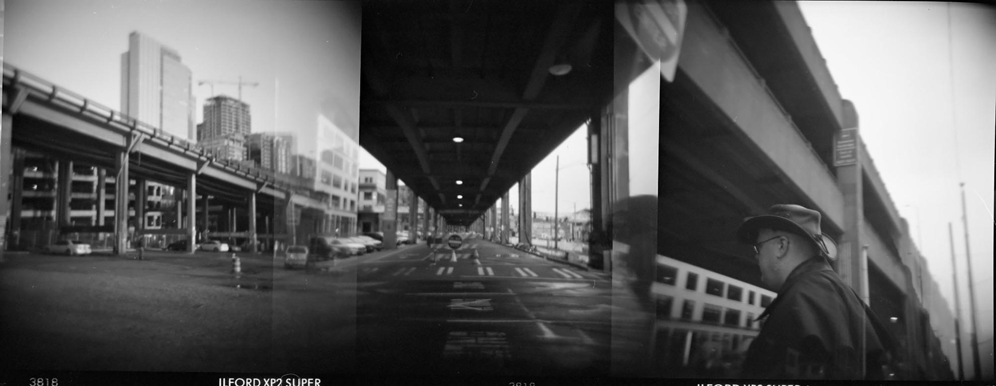 Triptych of a view beneath Seattle's Alaskan Way Viaduct