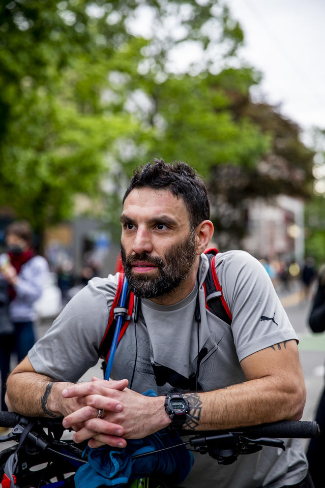 Portrait of a protester on a bike