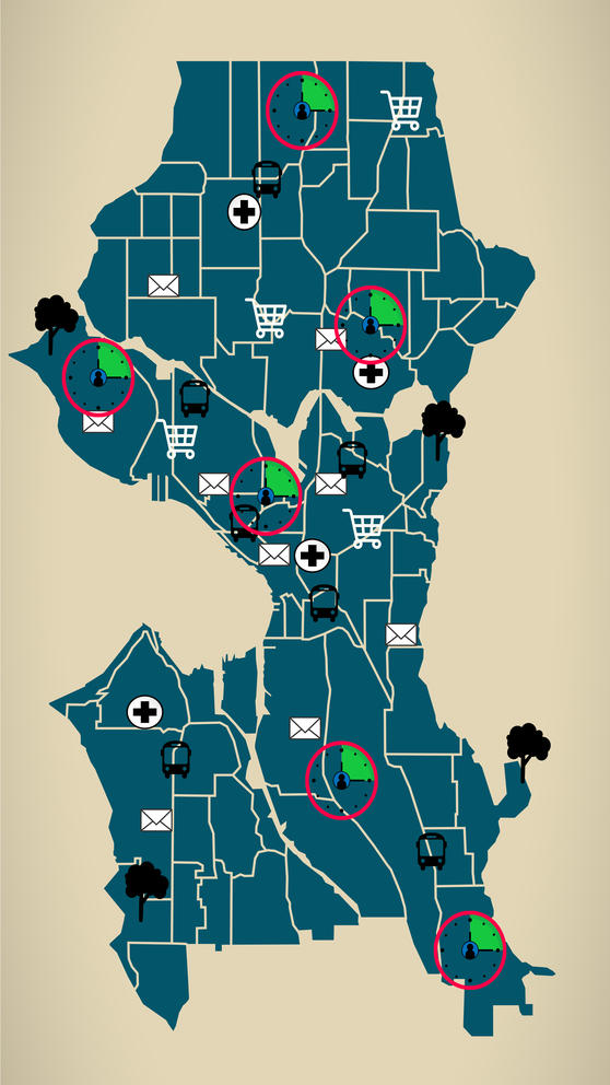 map of seattle with clocks showing 15 minute cities and symbols of envelopes, grocery carts and trees