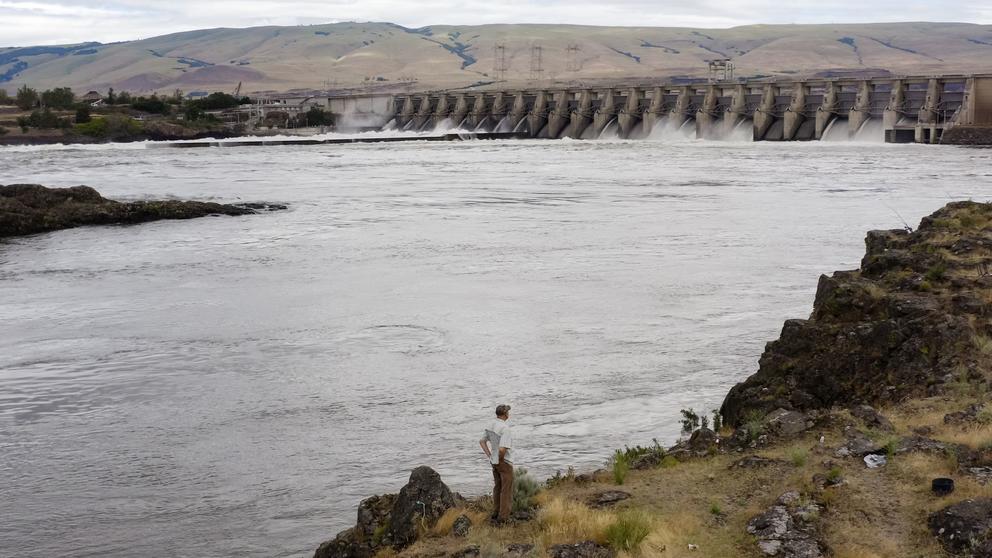 A man stands on a hillside with his hands on his hips while looking out to the water