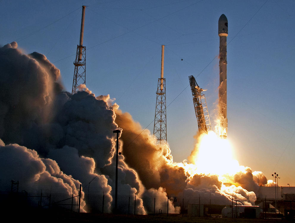 A rocket takes off