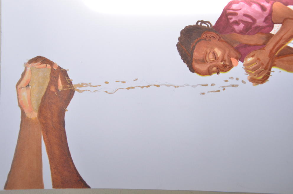 two hands on the left holding a liquid that is trickling down to a child drawn in the upper right-hand corner