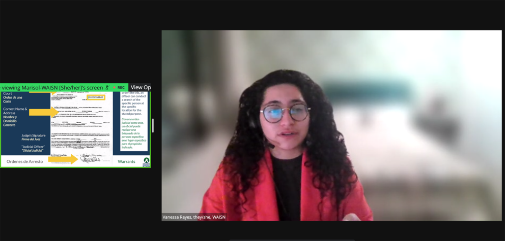 A screenshot of a Zoom screen share. A woman speaks in one window while a photo of a document is shared