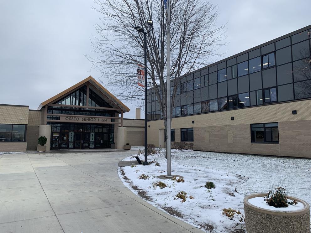 Snow outside of Osseo Senior High School