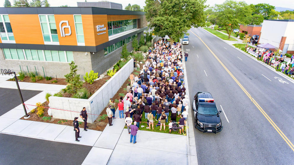 Aerial view of protesters outside of a clinic