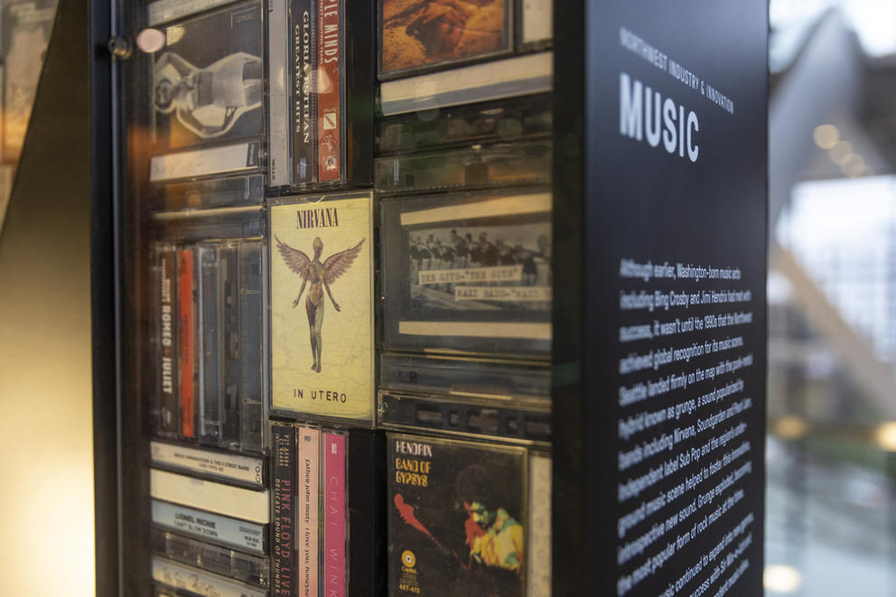 Cassette tapes featuring Northwest musicians, such as Nirvana, are seen inside a giant number on the fourth floor of the Seattle Convention Center building.