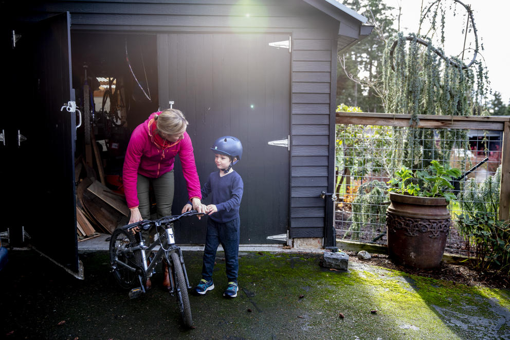 Jill and Hugo with a bike