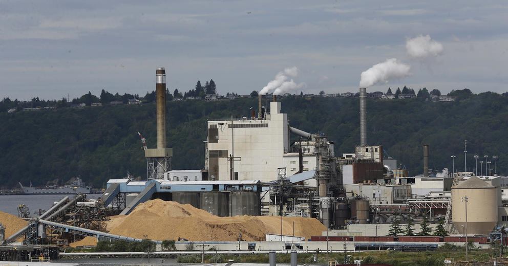 Smoke comes out of smokestacks at a paper mill