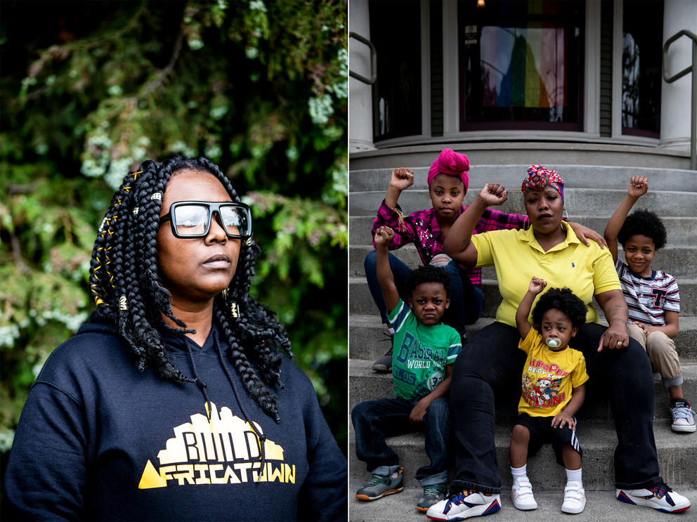 A dyptych of portraits of TraeAnna Holiday and Quanshie Maxwell with four children