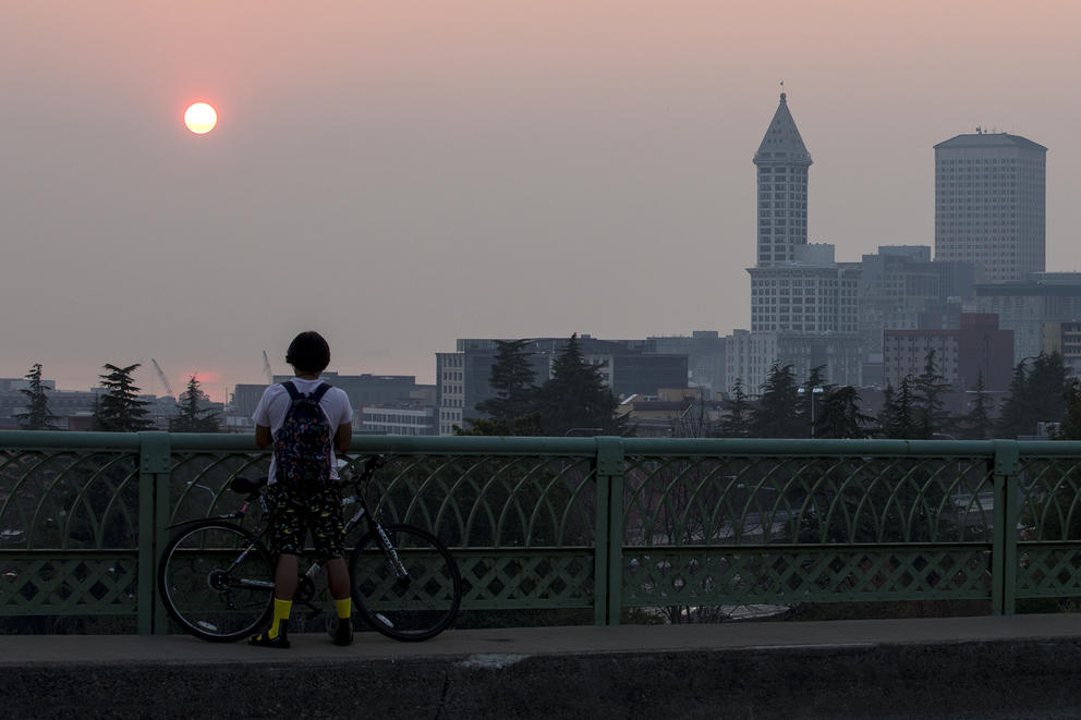 The sun sets on the Seattle skyline