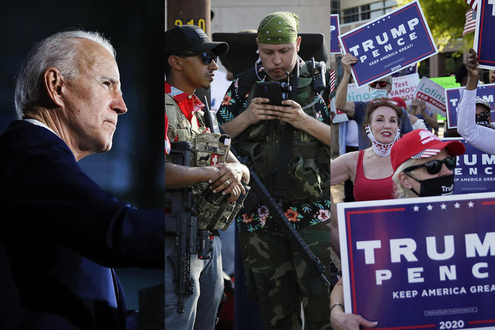 Triptych of Joe Biden, Boogaloo Bois and Trump supporters