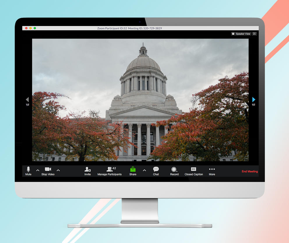 Photo illustration of the state Capitol dome interposed on a Zoom meeting window