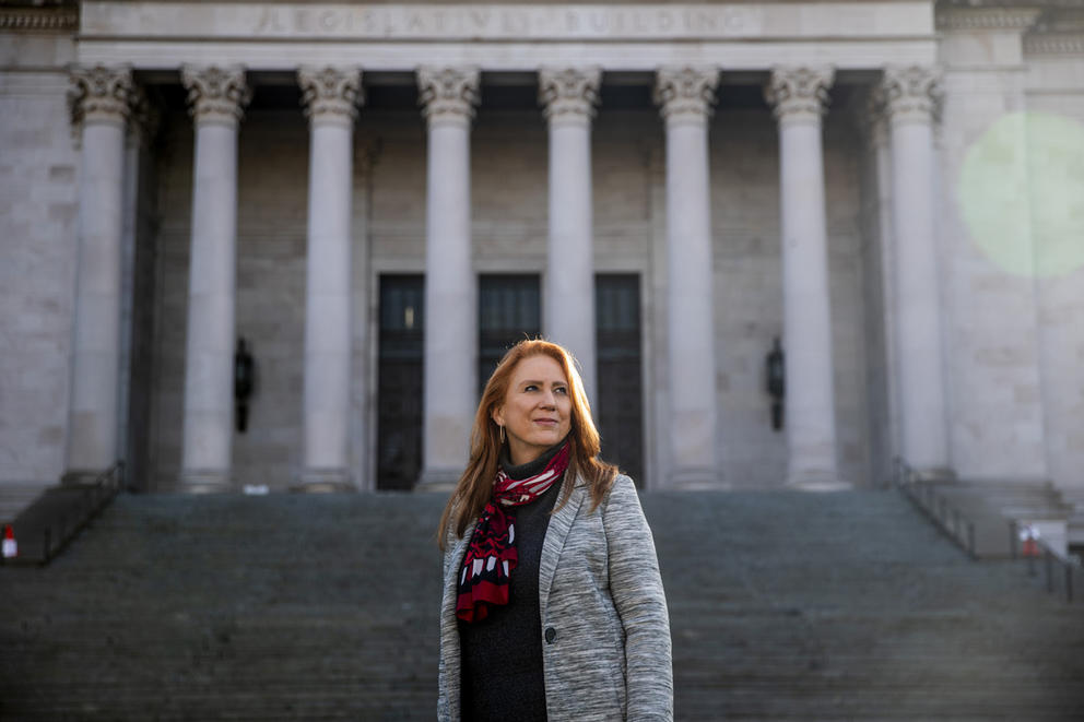 Kim Wyman with Capitol steps and columns in background