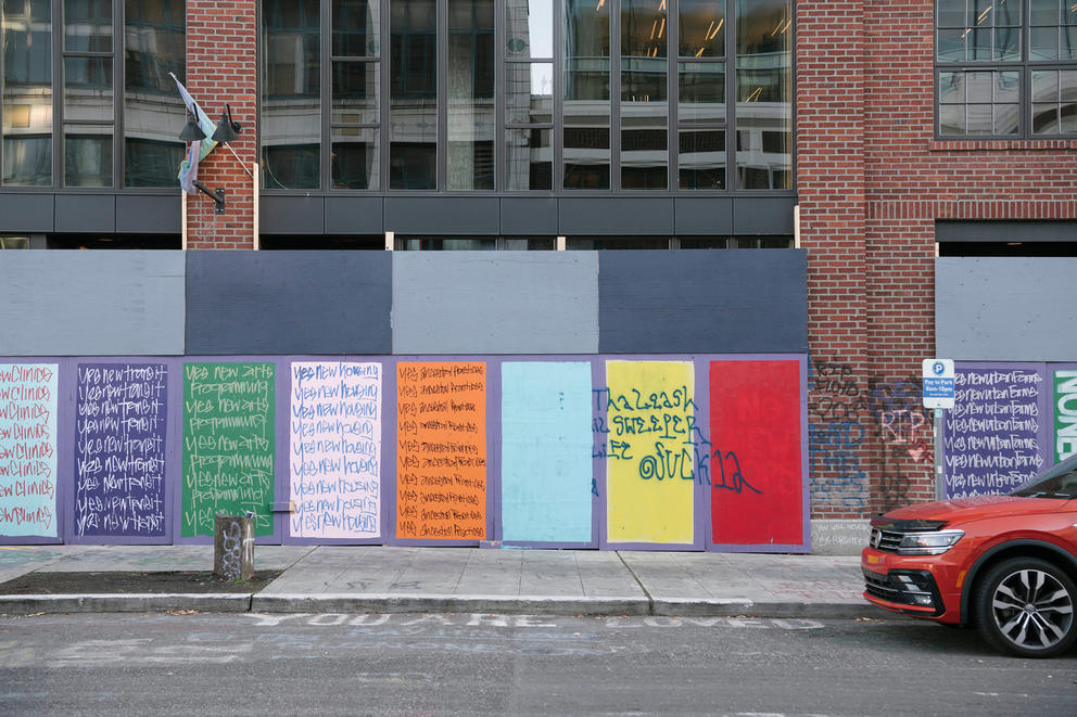 Street art on boarded up windows
